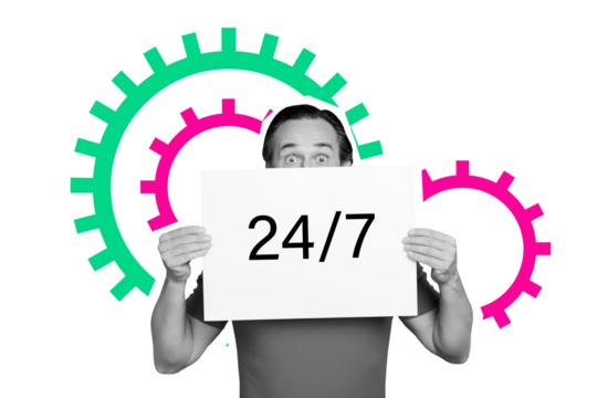 Composite trend artwork sketch image collage of silhouette aged man hand hold banner work support 24 7 service help customer cogwheel