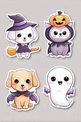 Obraz premium Adorable Halloween animal stickers with bat ears and pumpkins