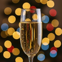 Elegant champagne glass with effervescent bubbles set against a backdrop of soft, colorful bokeh lights, perfect for festive celebrations and new year.
