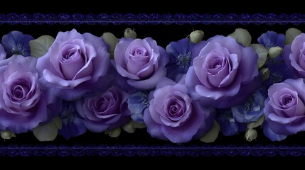 Luxurious Arrangement of Lilac Roses, Lavender Clematis Flowers, and Ornate Trim against Black Background