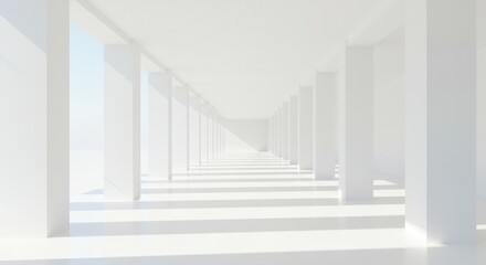 Obraz premium Bright white corridor with columns and light creating a clean minimalist aesthetic.