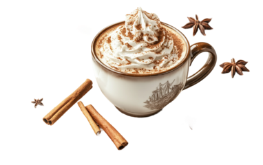 Pumpkin spice latte topped with whipped cream served in cozy seasonal autumn theme background isolated on transparent background PNG