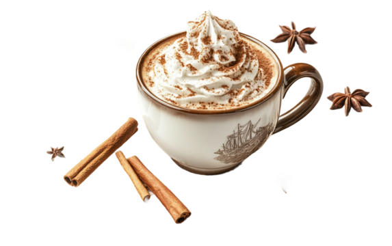 Pumpkin spice latte topped with whipped cream served in cozy seasonal autumn theme background isolated on transparent background PNG - Powered by Adobe
