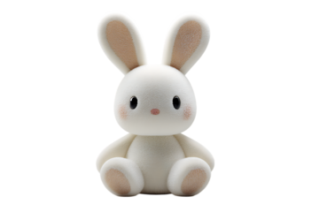 Adorable White Plush Bunny Toy with Big Ears and Round Eyes Isolated on White Background