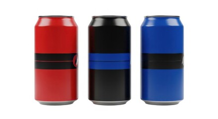 Three beverage cans lined up on isolated on white background