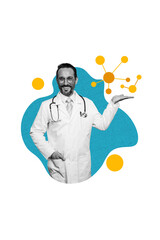 Vertical photo collage mature doctor scientist research immune system atoms happy cheerful smile covid19 cure vaccine research