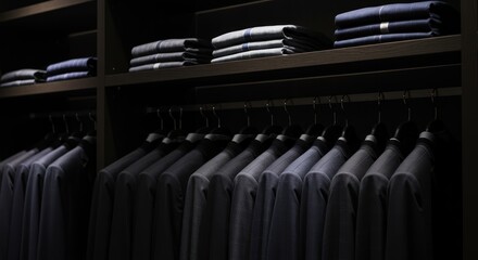 Closet with neatly arranged shirts hanging and stacked on shelves dark setting.