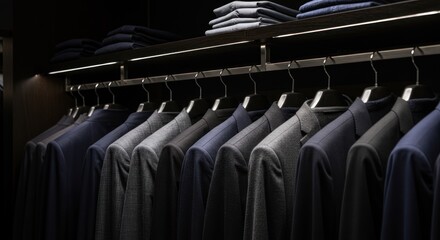 Shirts hang in a closet with dark wood and lighting.
