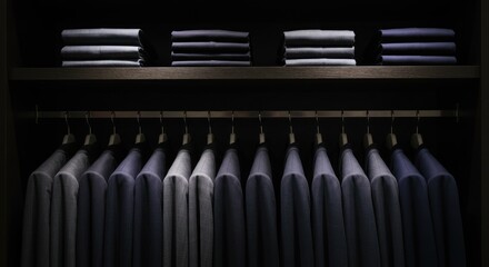 Dark closet with folded shirts on shelf and hanging shirts below.