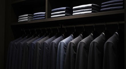 Clothes hanging in a closet with folded shirts on the shelf above.