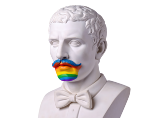 Classical bust with rainbow mustache and bow tie on transparent background