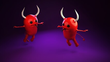 Two devil characters jumping with horns and tails on background