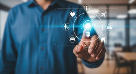 Person touching a futuristic interface with icons