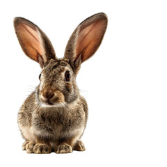 Fototapeta premium Rabbit sitting on a white background with large ears and soft fur in a playful pose