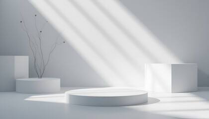 Elegant minimalist studio scene with geometric podiums and delicate dried branches bathed in soft natural light, perfect for product showcase.
