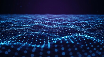 Abstract digital wave illustration with glowing blue dots on dark background