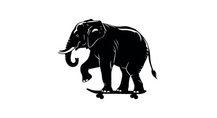 Black silhouette of an elephant riding a skateboard on a white background Keywords: elephant, skateboard, riding, animal, transportation, silhouette, transparent background also white background