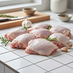Cuisses de poulet crues et fraîches avec romarin