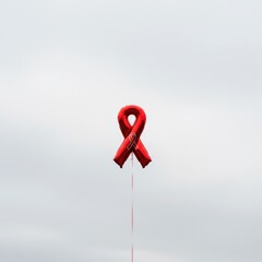 Single red ribbon balloon soars against a muted sky, representing HIV/AIDS awareness, solidarity, and the ongoing fight for support and understanding.