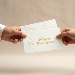 Happy New Year greeting card being exchanged between two people, featuring golden clock design, symbolizing the anticipation of a bright and festive new beginning