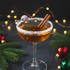 Celebratory Christmas Cocktail: A Sugar-Rimmed Glass with Cinnamon Sticks and Cranberry Garnish in a Festive Holiday Setting with String Lights.