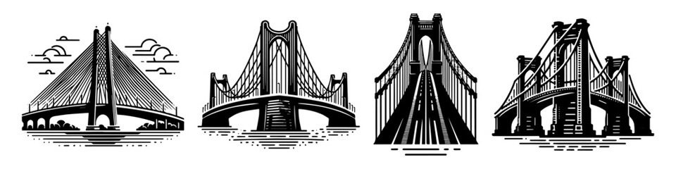Fototapeta premium Four detailed illustrations of different bridge designs.