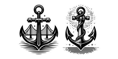 Anchor illustrations with bridge and rope nautical designs.