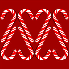 Seamless pattern of Christmas red and white striped sugar cane heart shaped stripes on red background