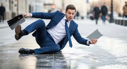 A humorous stock photo depicts a businessman humorously slipping on ice, struggling to maintain his grip on a briefcase and tablet, symbolizing workplace challenges.
