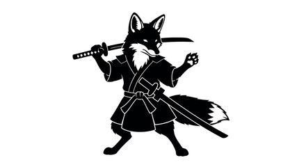 Transparent background also white background Black silhouette of a fox dressed as a samurai warrior holding two katanas on a white background sword