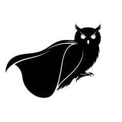 Transparent background also white background Black Silhouette of a Super Hero Owl with Glowing Eyes and Flowing Cape on White Background bird