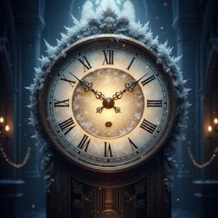 A time-worn clock adorned with winter frost, marking New Year's Eve, evoking the charm of holidays, representing the transition to a new year amid a snowy winter atmosphere, a symbol of festive