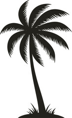 Obraz premium Silhouette of a tall slender palm tree with lush fronds and a small grassy base on a flat design vector illustration white background