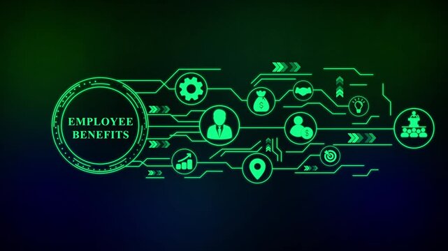 Employee Benefits Infographic with Icons and Flow business. 4k video  Business, technology, internet and networking concept.