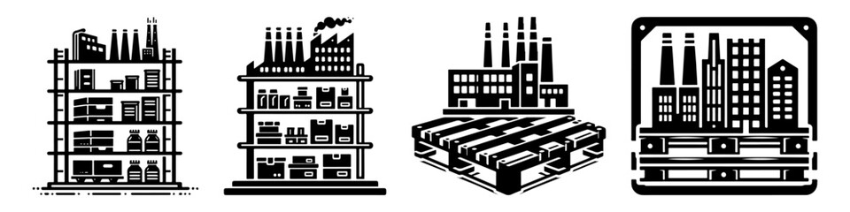 Industrial Factory Production and Storage Icons.