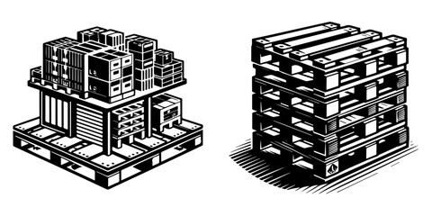 Pallets stacked with boxes and goods for shipping and storage.