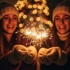 Young women in winter hats celebrate the holidays with sparklers, set against a backdrop of twinkling Christmas lights, creating a warm and joyful festive atmosphere