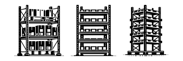 Obraz premium Three wooden structures with shelves and supports.