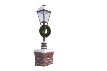 Festive Holiday Street Lamp with Wreath and Snowy Brick Base for Seasonal Decor and Ambiance  isolated on white background , cutout	
