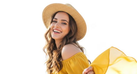 Joyful young woman in summer hat and yellow dress smiling outdoors