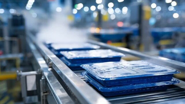 A close-up of frozen food trays on an automated conveyor in an industrial freezer, showcasing frost-covered surfaces and a sterile, cold vapor-filled environment.