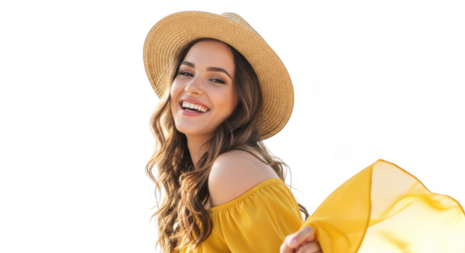 Joyful young woman in summer hat and yellow dress smiling outdoors