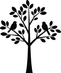 Charming silhouette of a tree with two birds perched on branches simple nature graphic flat design vector illustration white background
