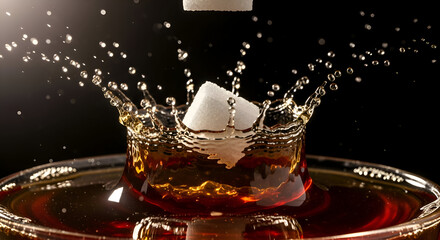 Sugar Cube Plunge: A Dynamic Splash of Liquid and Sweet Delight on Black Background