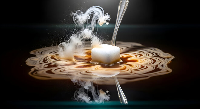 Sugar Cube Dissolving in Liquid with a Touch of Artistic Swirls and Steamy Effects
