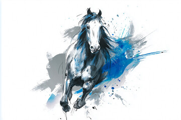 An expressive, dynamic watercolor-style horse in blue-gray tones, sweeping brushstrokes conveying speed and power.
