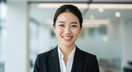 Smiling asian woman in business attire in a modern office setting.
