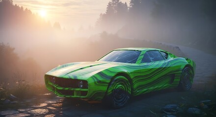 Green sports car parked on a foggy road at sunrise