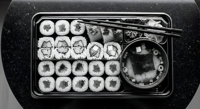 Sushi Platter: Elegant Monochrome Presentation, Japanese Cuisine, Culinary Delight