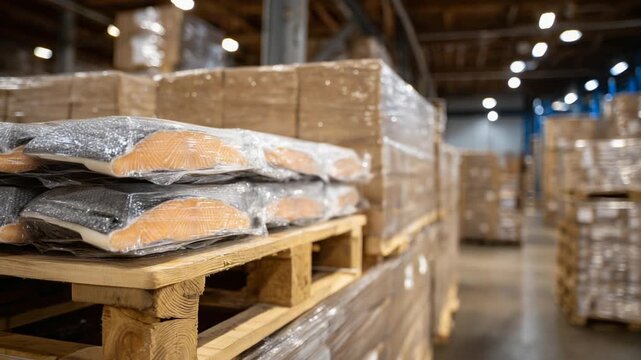 Explore a seafood warehouse with neatly stacked salmon fillets on wooden pallets, highlighted by cool ambient lighting.